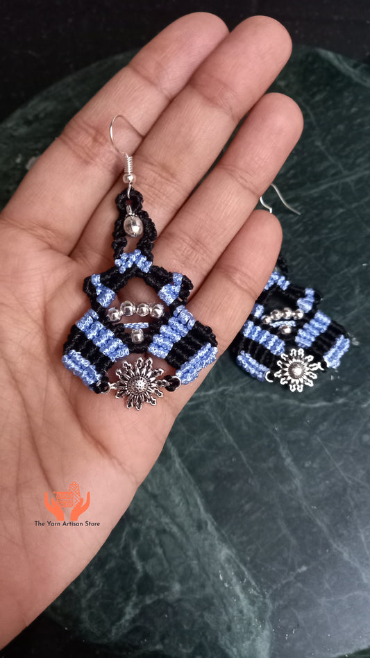 macrame dangler earrings with floral charm and gunghroo beads