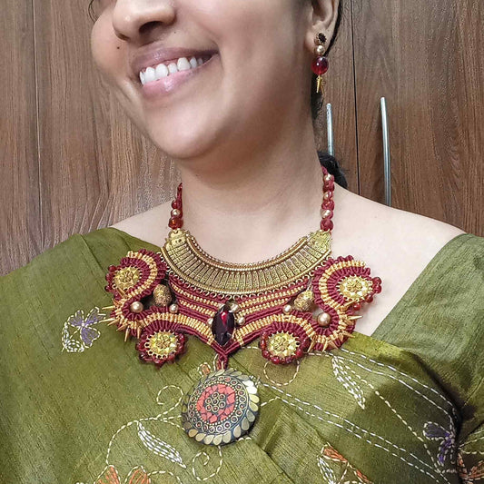 macrame collar style stone necklace and earrings set maroon necklace