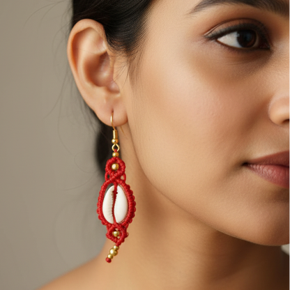 Sarit red cowrie macrame earrings