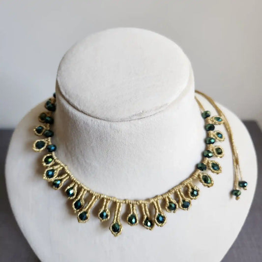macrame necklace gold necklace bead necklace peacock blue necklace party necklace