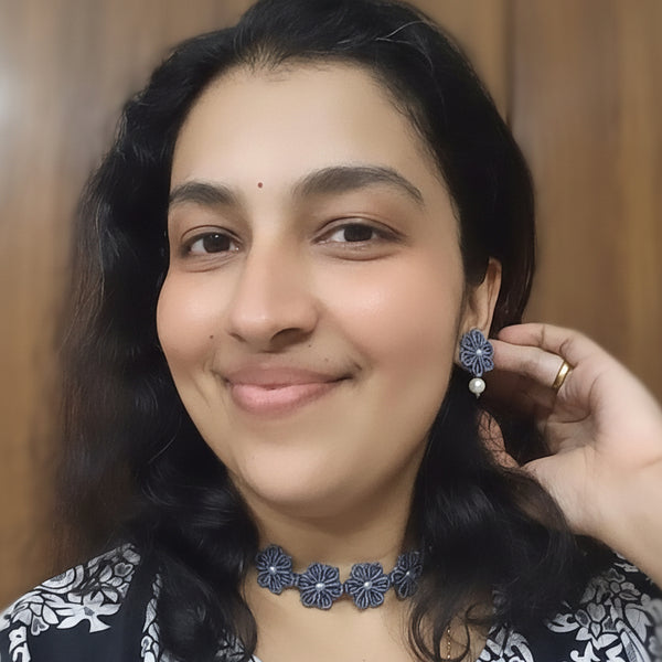 floral necklace daisy earrings flower necklace stud earrings grey necklace set grey earrings pearl earrings pearl necklace