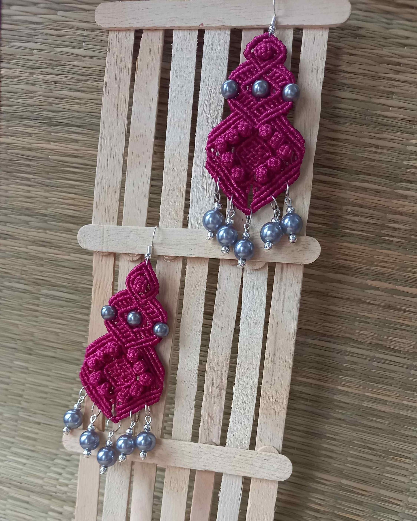macramé long dangler earrings with blue-black pearls