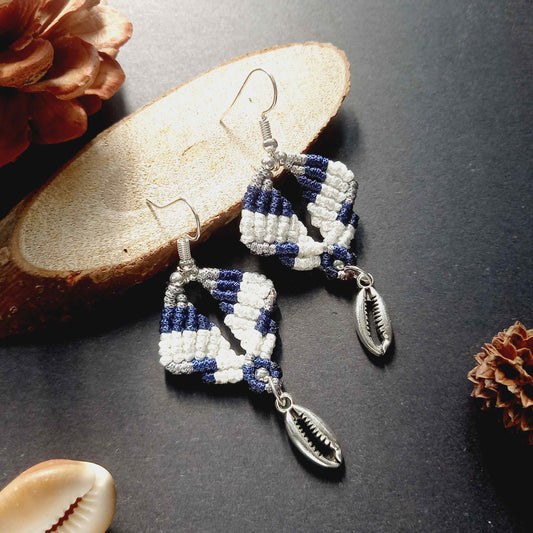 diamond shaped macrame earrings in three colours with a coil of rope charm