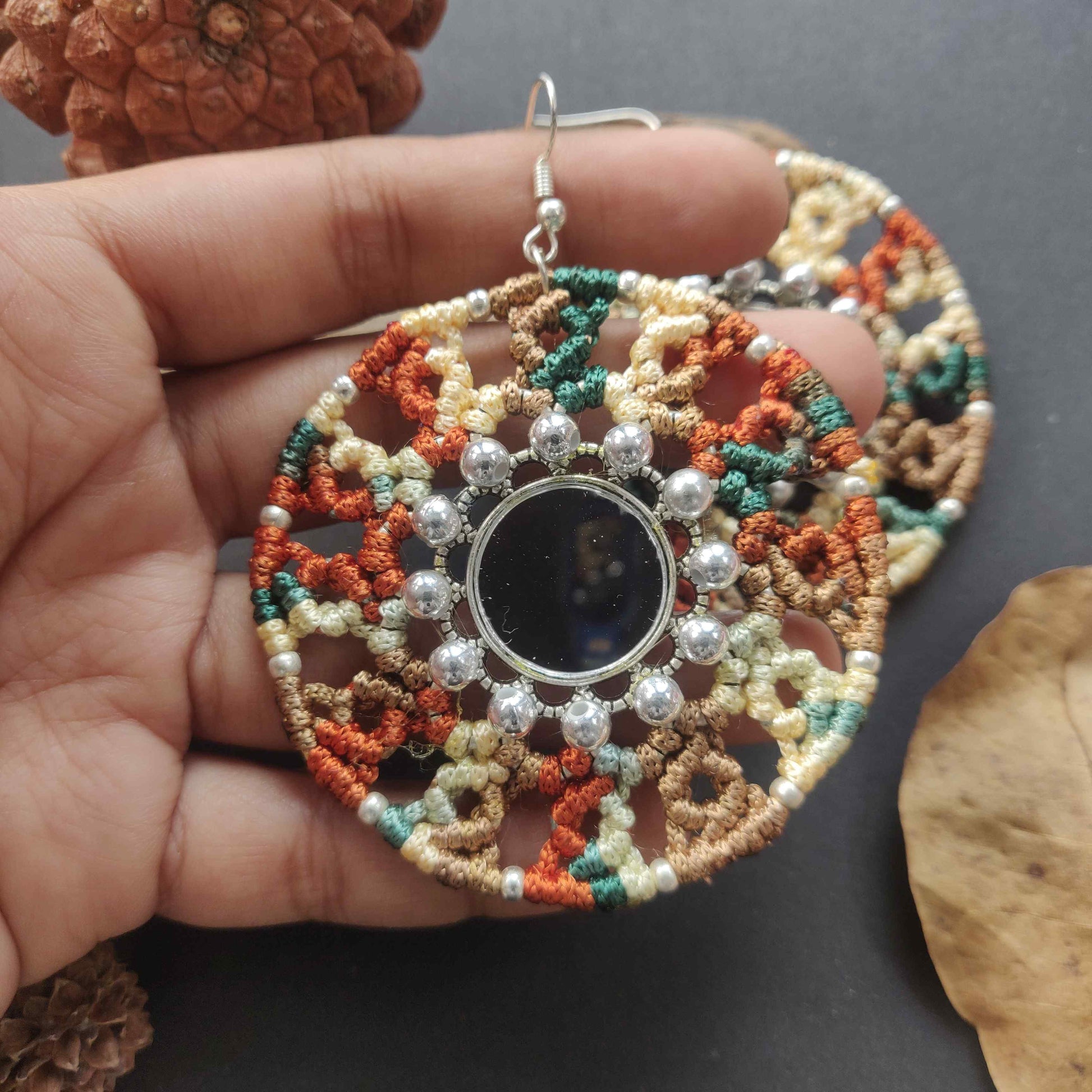 handmade macrame mandala earrings with silver mirror center