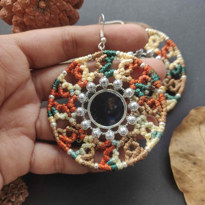 handmade macrame mandala earrings with silver mirror center