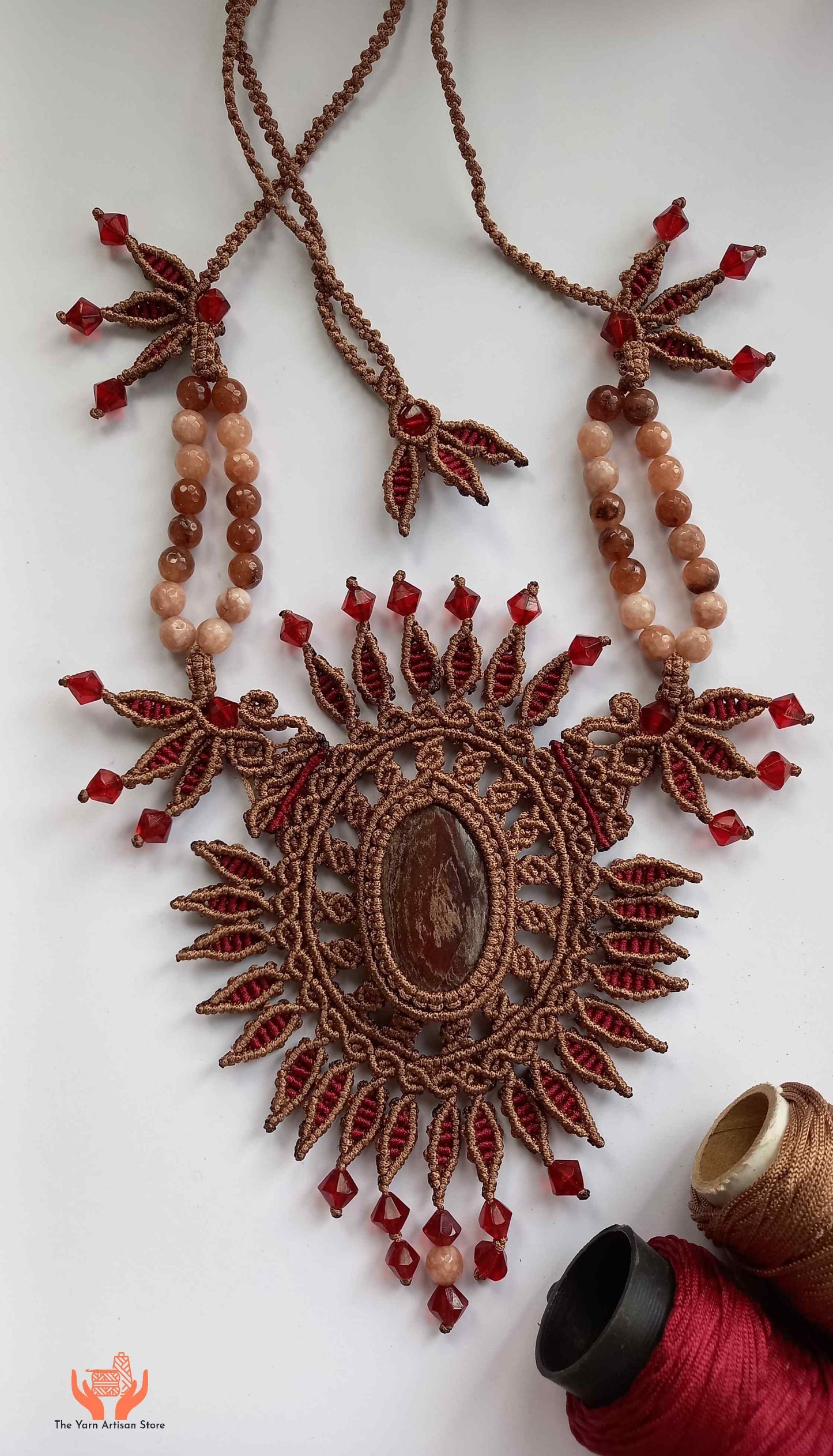 Brown and Maroon Macrame Statement Necklace with Jasper Centerpiece