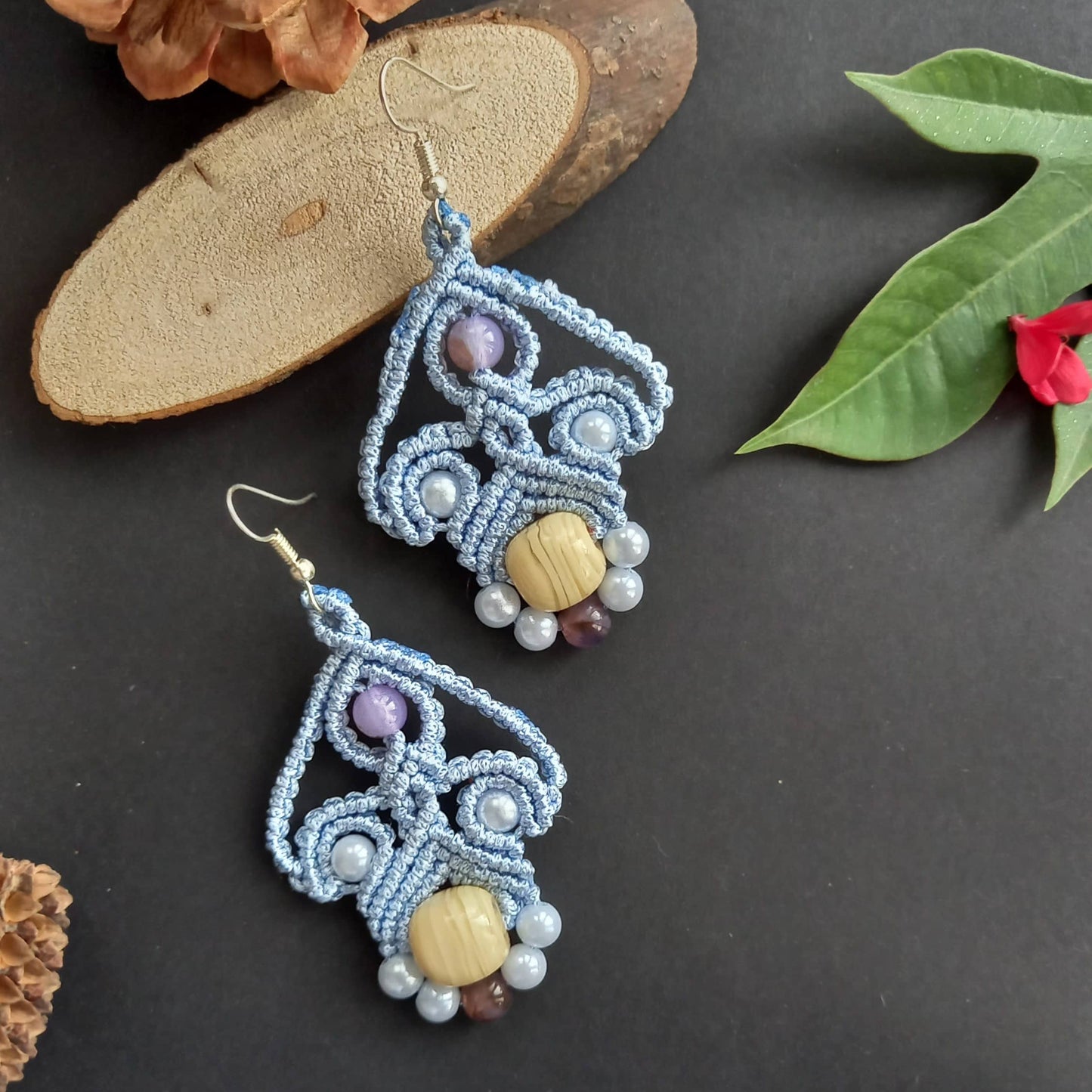 macrame dangler earrings with lampwork beads