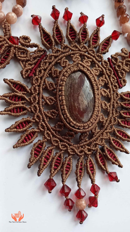 Brown and Maroon Macrame Statement Necklace with Jasper Centerpiece