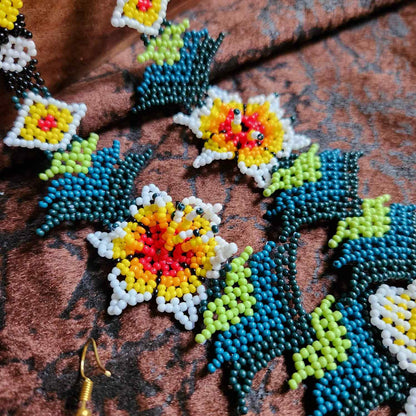 bead necklace flower necklace 3D necklace leaf green leaves haldi necklace set flower earrings yellow necklace