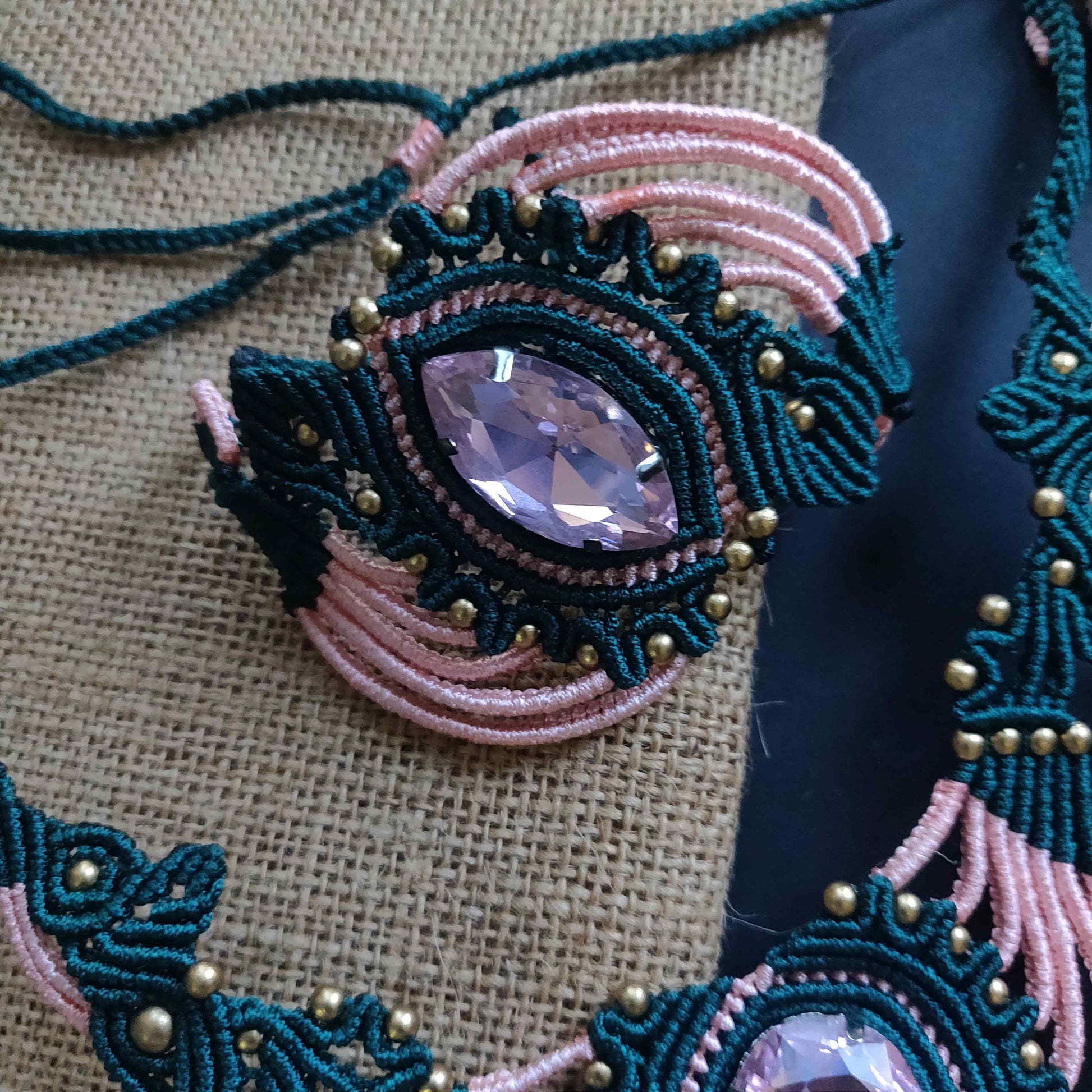 macrame stone necklace earrings and bracelet set in rama green and salmon pink party necklace set wedding jewellery