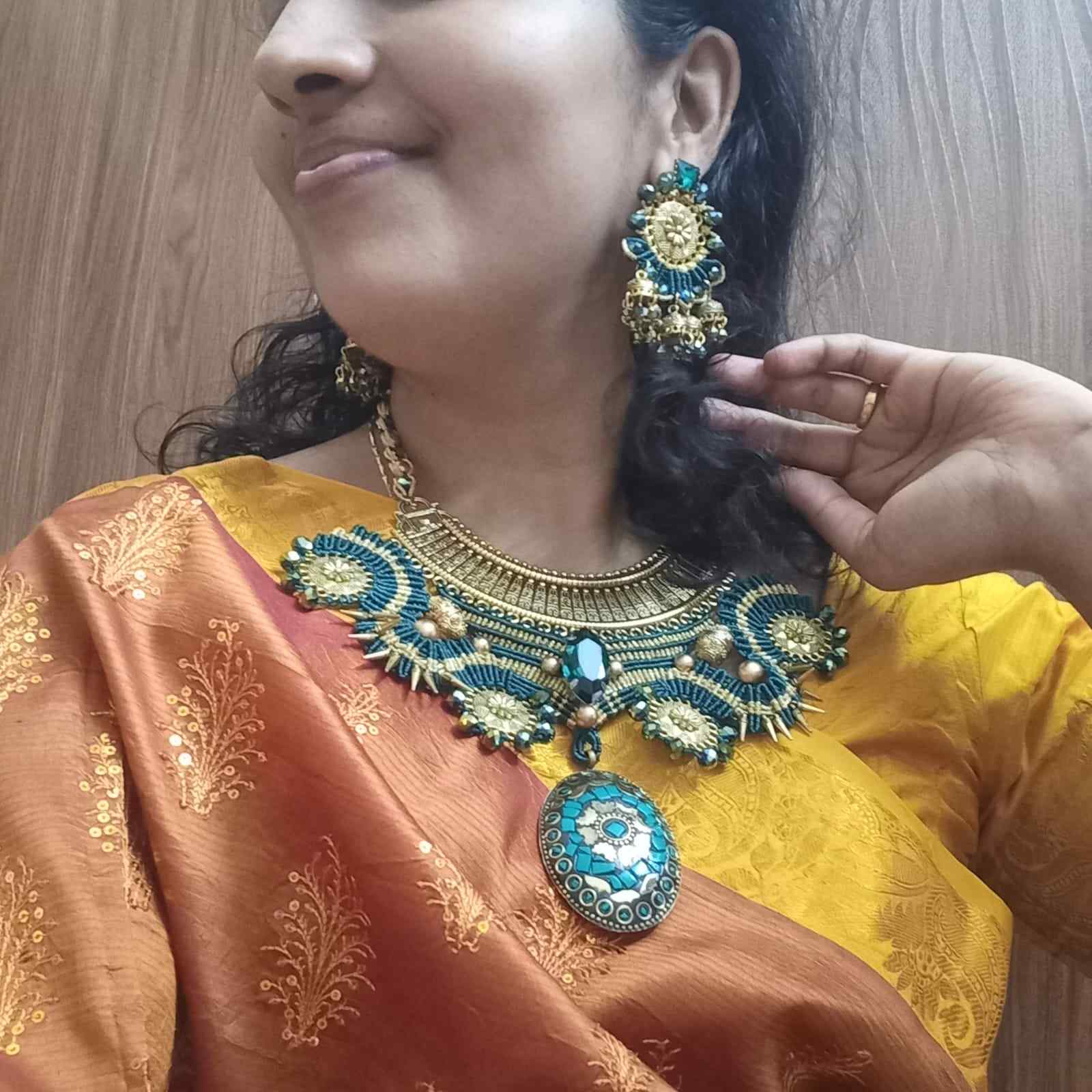 macrame collar style stone necklace and earrings set rama green necklace