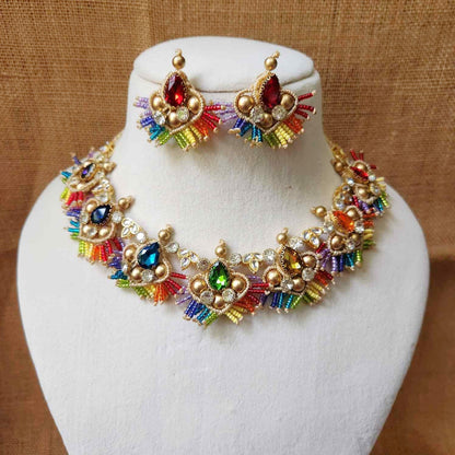 stone necklace rainbow macrame necklace set gold necklace bead necklace ethnic necklace party wear sangeet haldi wedding