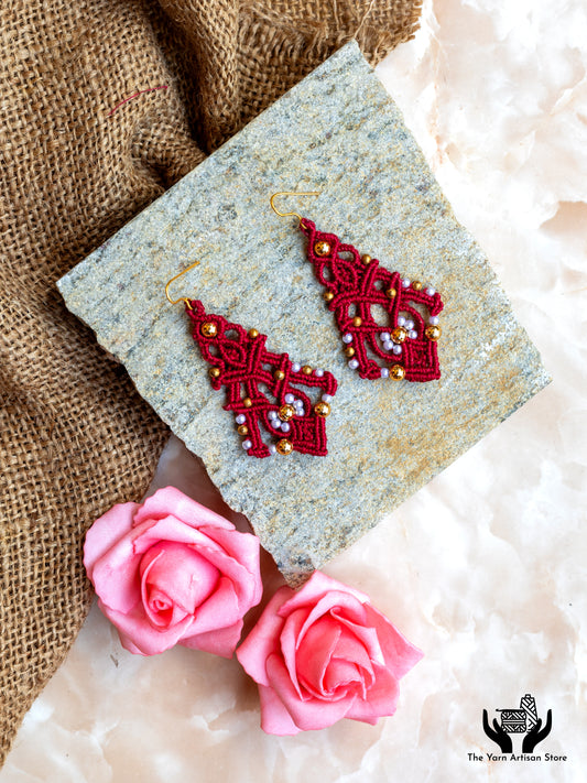 micromacrame bead dangler earrings with gold and pearl beads