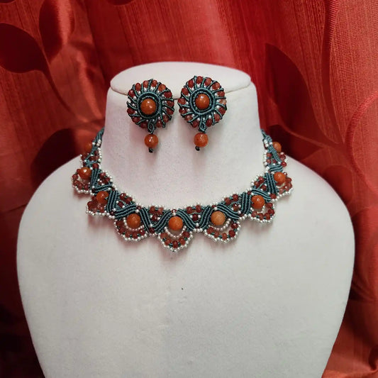 pearl necklace set stud earrings bead necklace orange round earrings semiprecious stone necklace earrings set party necklace