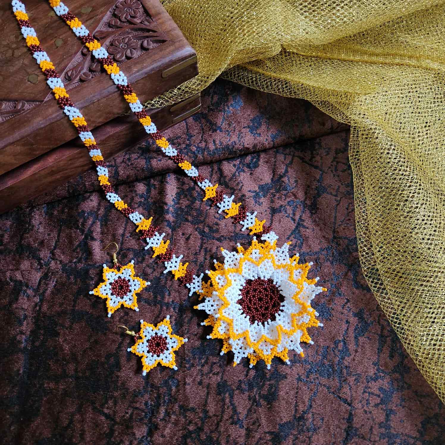 bead necklace flower necklace 3D necklace layer haldi necklace set flower earrings yellow necklace