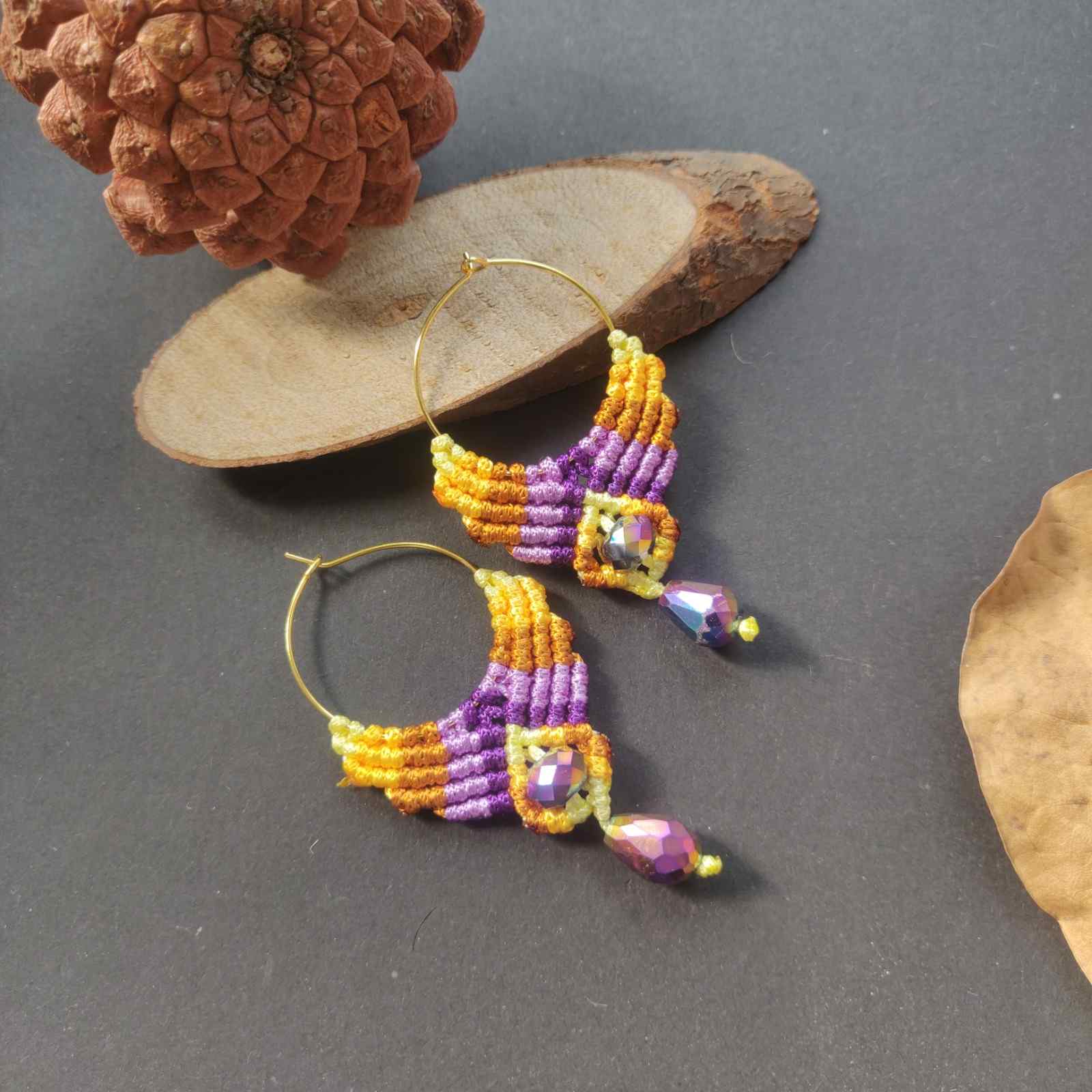 hoop earrings yellow earrings hoop purple earrings macrame earrings bead hoop earrings