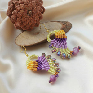 bead earrings macrame earrings thread earrings twisted earrings yellow purple lavender earrings
