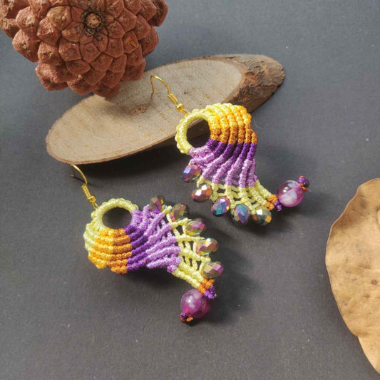 bead earrings macrame earrings thread earrings twisted earrings yellow purple lavender earrings