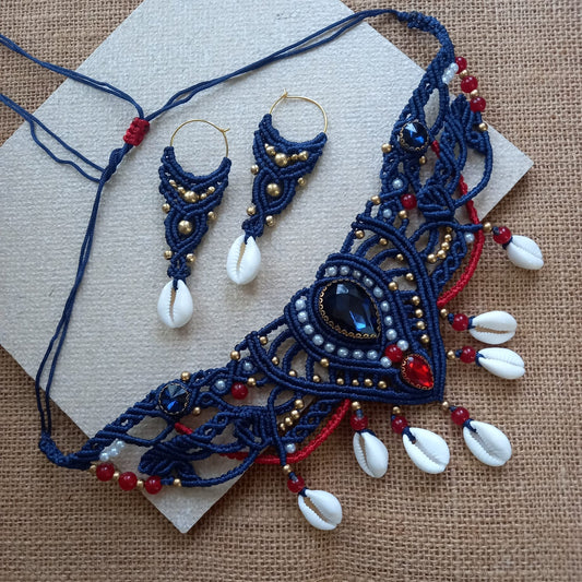 cowrie necklace set stone necklace set hoop earrings cowrie earrings bead necklace bead earrings set blue and red necklace