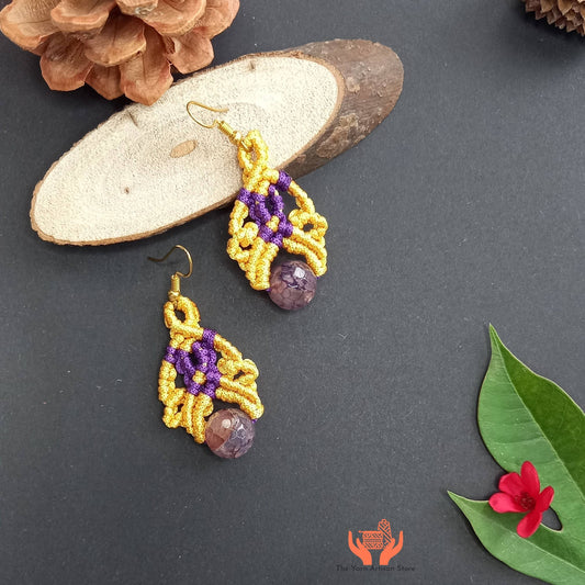 small macrame dangler earrings with purple agate bead