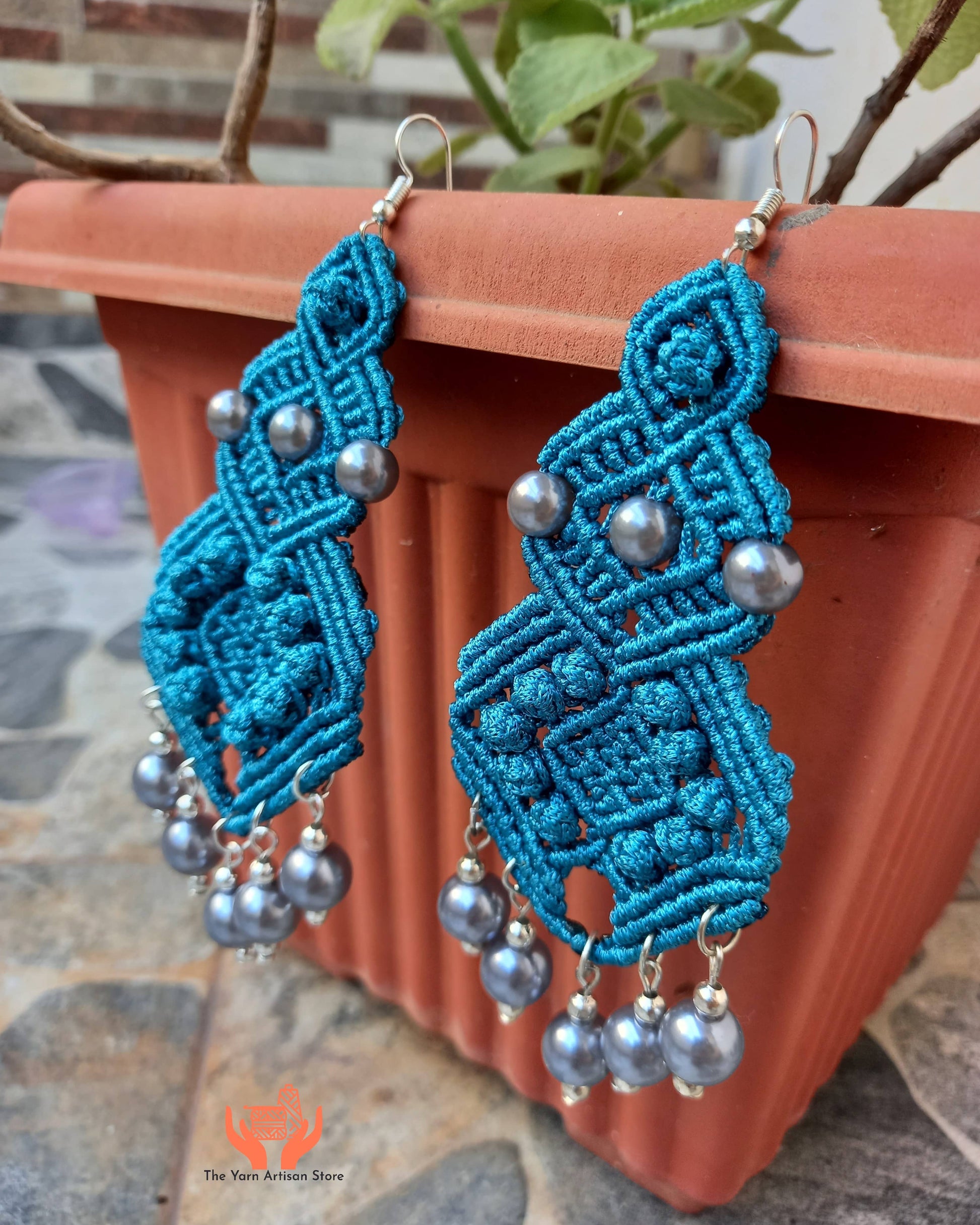 macramé long dangler earrings with blue-black pearls