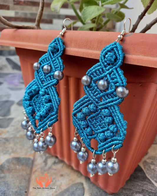 macramé long dangler earrings with blue-black pearls