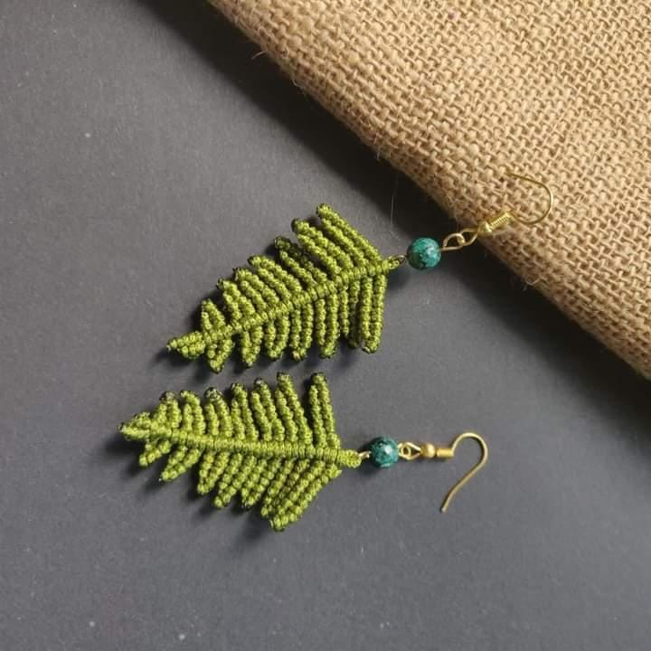 fern leaf macrame earrings palm leaf earrings green earrings dangler earrings bead earrings semiprecious stone earrings