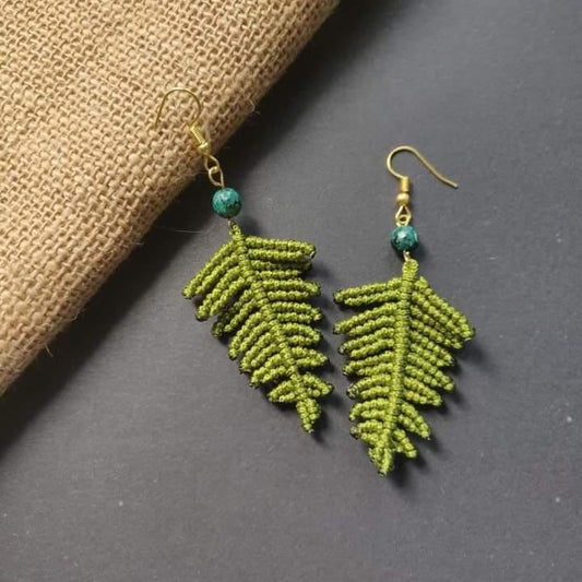 fern leaf macrame earrings palm leaf earrings green earrings dangler earrings bead earrings semiprecious stone earrings