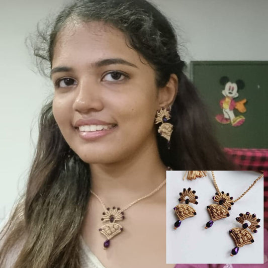 beige macrame pendant earrings set with faceted metallic purple beads