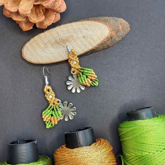 dangler earrings flower earrings leaf earrings macrame earrings multi dual tone earrings silver earrings oxidised silver