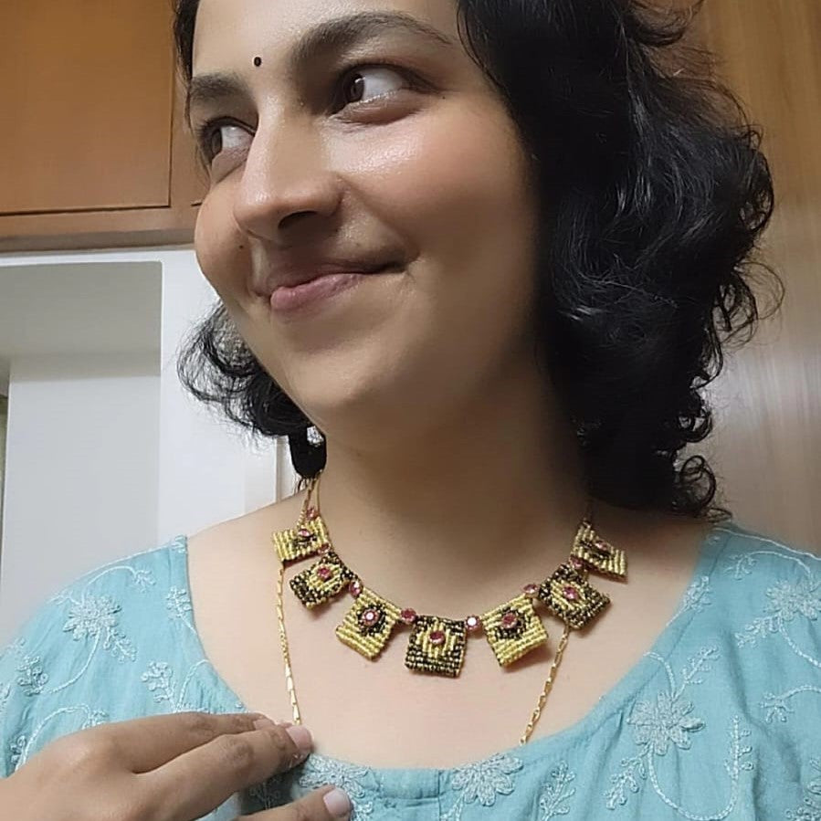 square motif necklace gold necklace macrame necklace cavandoli stone necklace ruby red stone threadwork jewellery Deepika