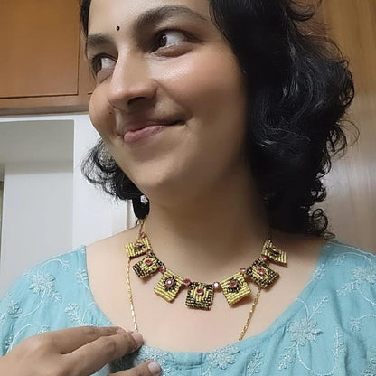 square motif necklace gold necklace macrame necklace cavandoli stone necklace ruby red stone threadwork jewellery Deepika