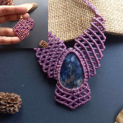 lapis stone necklace purple necklace macrame necklace bird necklace wing necklace