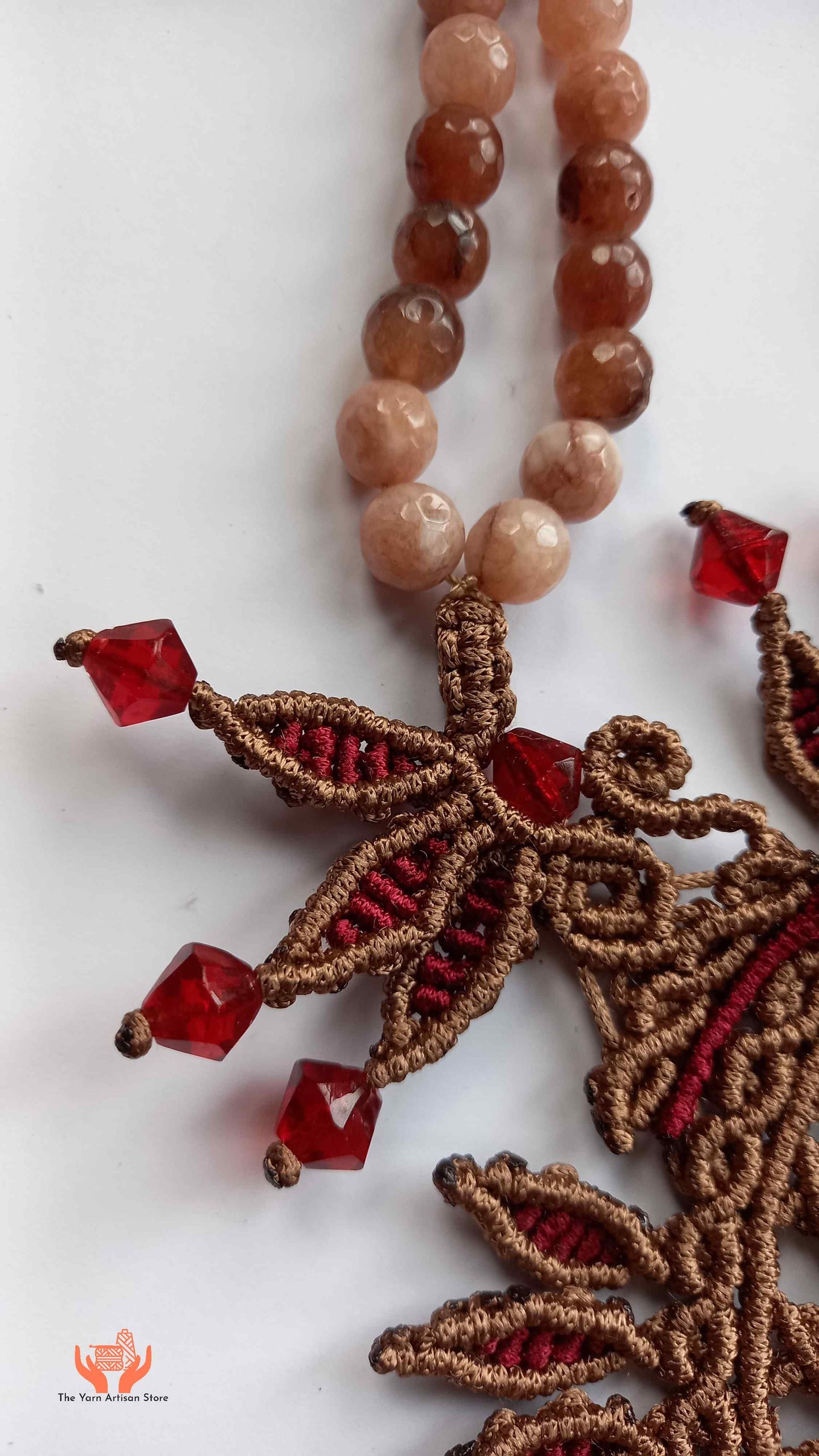 Brown and Maroon Macrame Statement Necklace with Jasper Centerpiece