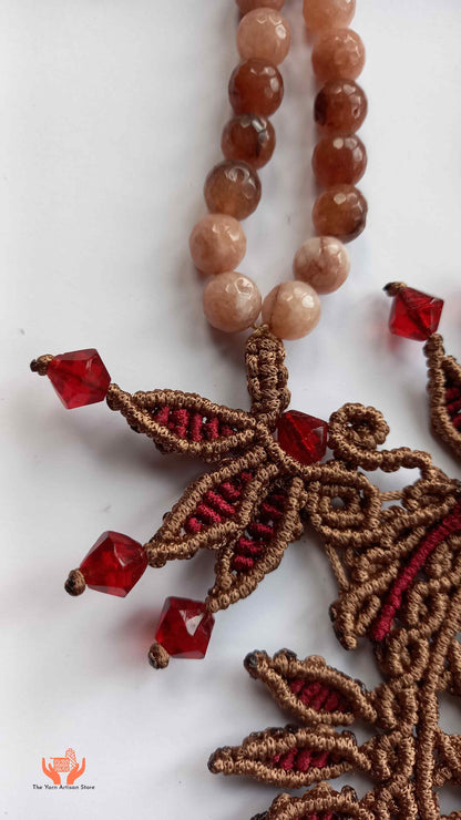 Brown and Maroon Macrame Statement Necklace with Jasper Centerpiece
