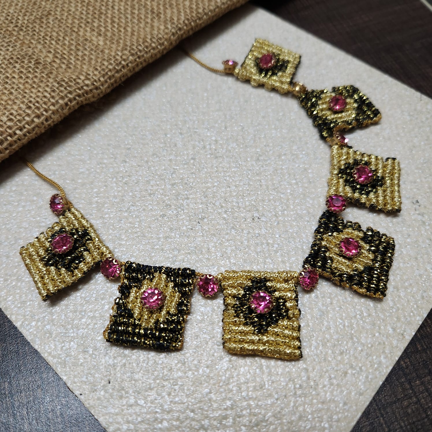 square motif necklace gold necklace macrame necklace cavandoli stone necklace ruby red stone threadwork jewellery Deepika