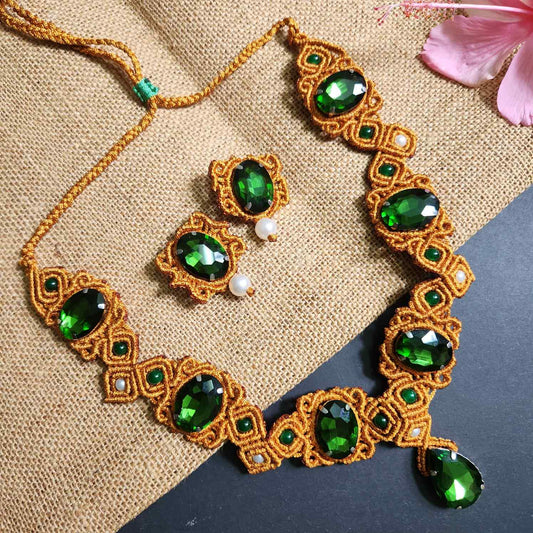 green stone gold macrame necklace victorian necklace party wear wedding jewellery statement engagement