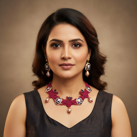 Ujjaini blue lotus macrame necklace set