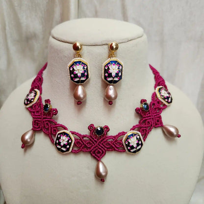 floral jewellery party necklace wedding necklace set lotus meenakari stud earrings stone necklace design formal wear macrame