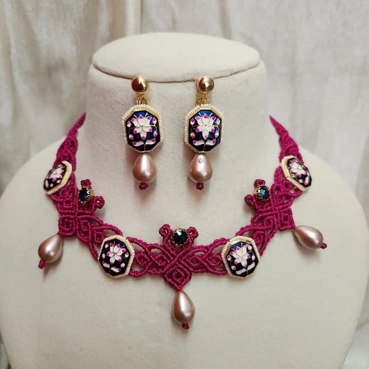 floral jewellery party necklace wedding necklace set lotus meenakari stud earrings stone necklace design formal wear macrame