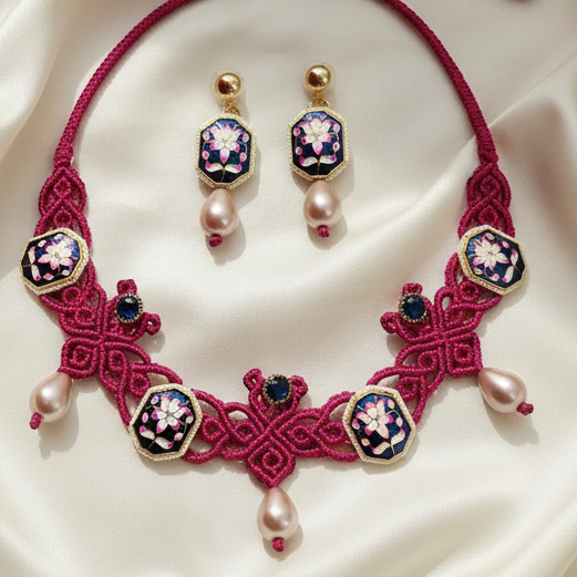 Ujjaini blue lotus macrame necklace set