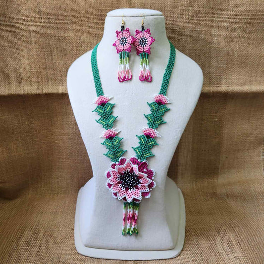 bead necklace flower necklace 3D necklace layer haldi necklace set flower earrings pink necklace