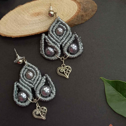 macramé stud dangler earrings with filigree heart accent
