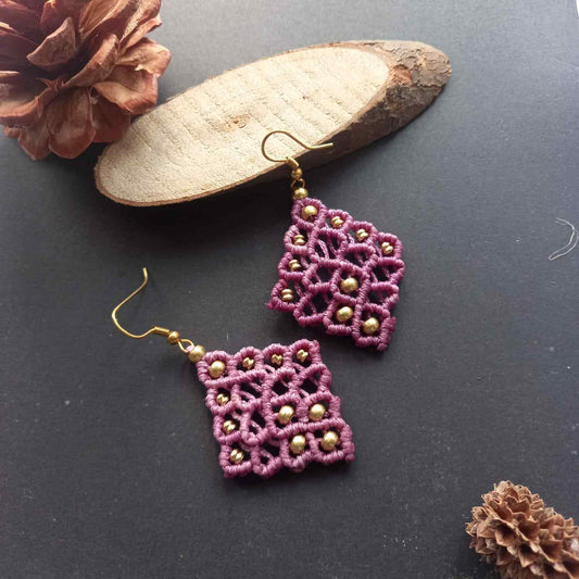 diamond shaped earrings purple dangler earrings macrame earrings