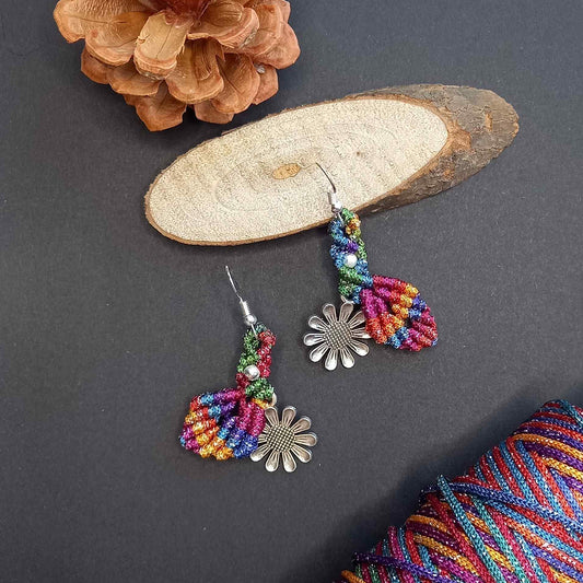 dangler earrings flower earrings leaf earrings macrame earrings multicoloured earrings silver earrings oxidised silver