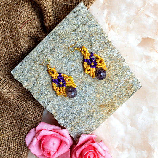 small macrame dangler earrings with purple agate bead