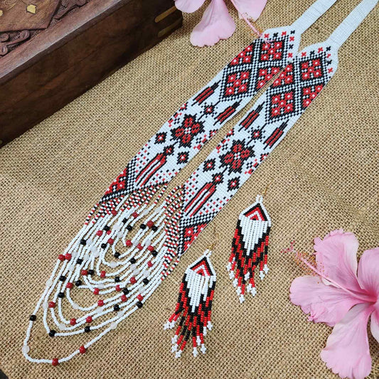 geometric design bead necklace white red layered necklace dangler party wear occasion wedding mehndi sangeet haldi jewellery