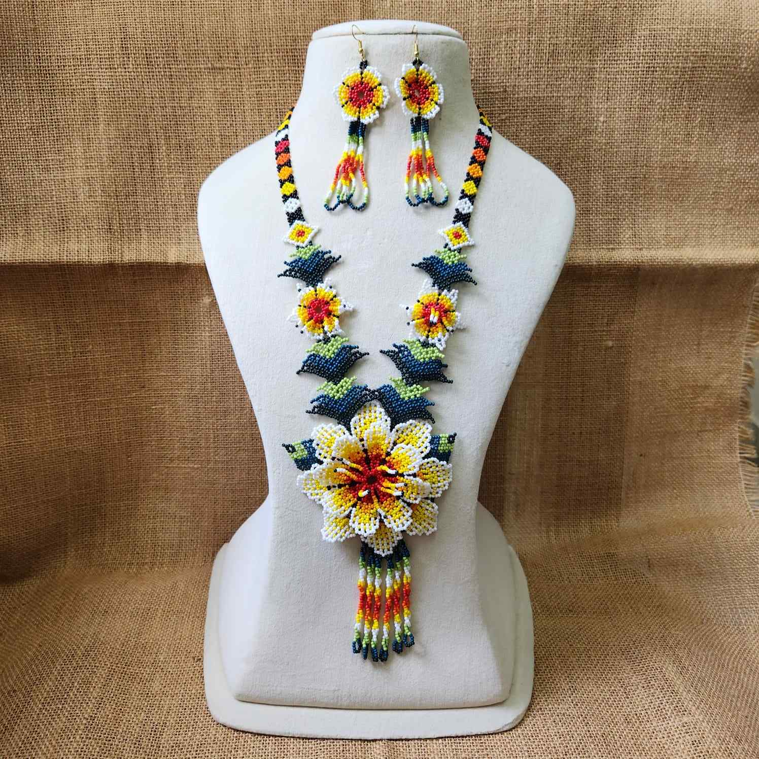 bead necklace flower necklace 3D necklace leaf green leaves haldi necklace set flower earrings yellow necklace