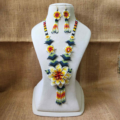 bead necklace flower necklace 3D necklace leaf green leaves haldi necklace set flower earrings yellow necklace