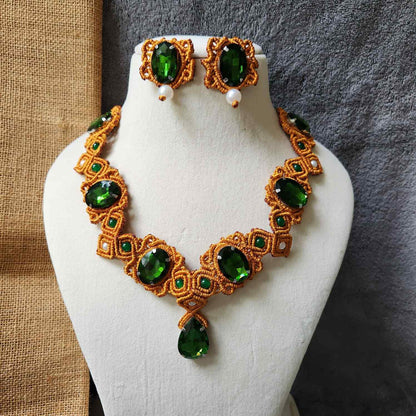 green stone gold macrame necklace victorian necklace party wear wedding jewellery statement engagement